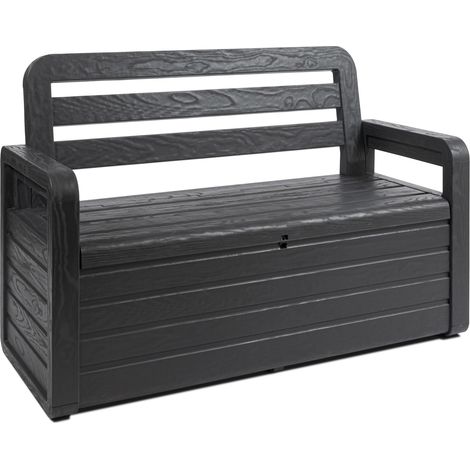 Toomax Foreverspring cassapanca da 270 litri con seduta per 2 persone, 132.5x58x89h cm panca da giardino effetto legno antracite in plastica resistente, resistente ai raggi UV, per esterni
