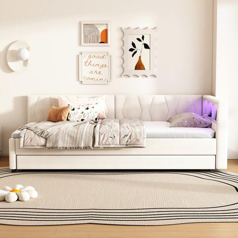 Canapé-lit 90 x 200cm beige en lin avec lit gigogne, rangements, ports usbtype-c et led, sans matelas (1/5)