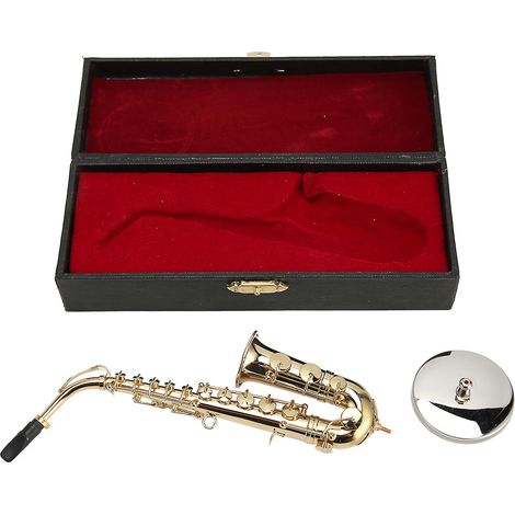 Dekoratives Mini-Altsaxophon, handgefertigt, mit Ständer, für Puppenhäuser (16 cm). (1/5)