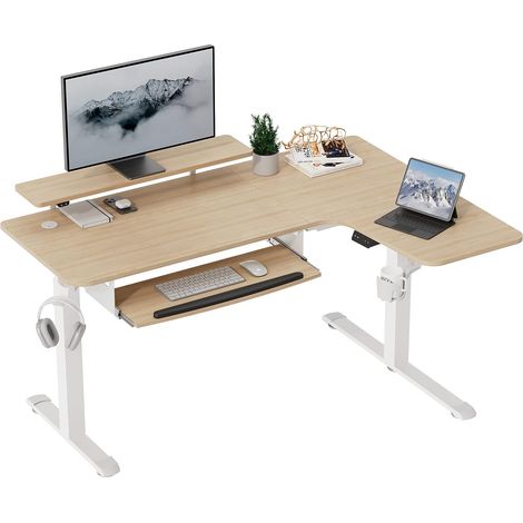 Bureau gaming électrique ajustable 155×110cm, modèle angle L spacieux. Doté de plateau coulissant clavier et support écran à éclairage LED (1/5)