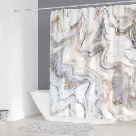 Cortina de ducha de mármol 180x180, cortina de ducha + conjunto de tres piezas 45x75, abstracto moderno gris dorado blanco marrón, textura de mármol, tela lavable, cortina de ducha impermeable (para b (1/5)