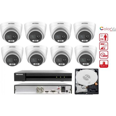 KIT videosorveglianza Hikvision DVR 8 Canali 8 Telecamere 3K ColorVu PIR Sirena hdd 500gb