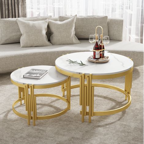 Set di 2 tavolini sovrapponibili con struttura in metallo dorato e piano in MDF, bianco (1/5)