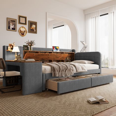 Cama nido 90x200 cm con dos cajones, escritorio, interfaz USB + Tipo-C, tela de lino gris (Sin colchón)