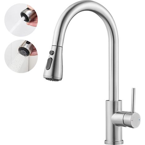 Edelstahl Gebürstet Ausziehbare Küchenarmatur mit 2 Straharten, 360° Drehbar Küche Wasserhahn Hochdruck Spültischarmatur (1/5)