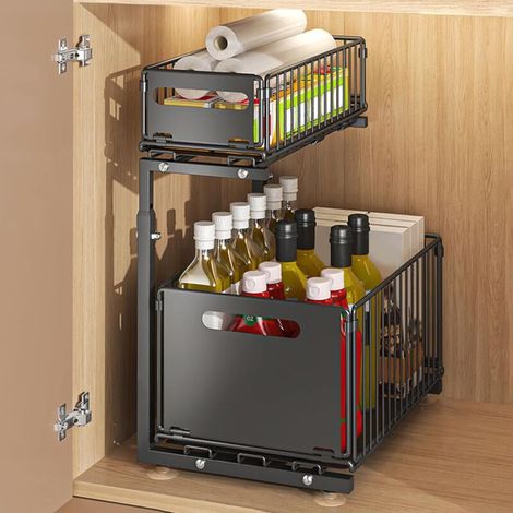 Rangements sous Evier 2 Niveaux Organisateur Coulissant,Paniers Coulissants, Empilable,Étagères pour Placard Meuble Cuisine Salle Bain,26,5 x 38 x 48,5 cm (noir)