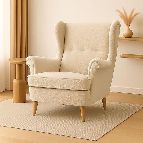 Ohrensessel BOUCLE beige auf Buche FüSSen Glamour Stil Relaxsessel Fernsehsessel Boucle Stoff Gewebe modernes Design (1/5)