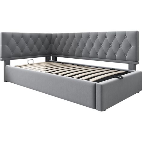 Letto imbottito 90x200 cm in velluto grigio con contenitore idraulico HOMVRA (1/5)