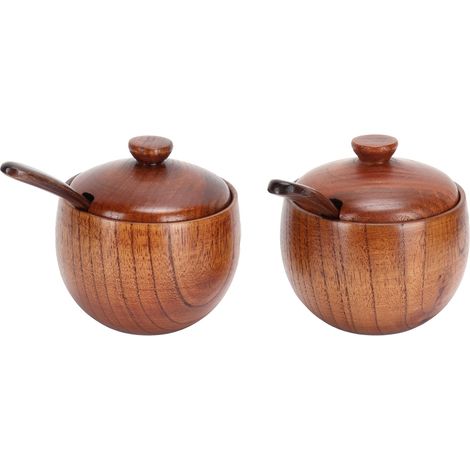 Lot de 2 pots à épices japonais rétro en bois avec couvercle et cuillère pour la cuisine (1/5)