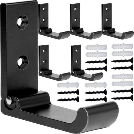 Crochet pliable - Crochet mural - Pour suspendre manteaux, serviettes, clés, sacs - Alliage d'aluminium - Crochet mural - Noir mat - Comprend 12 g d'adhésif puissant et 24 vis et chevilles - 6 pièces (1/5)