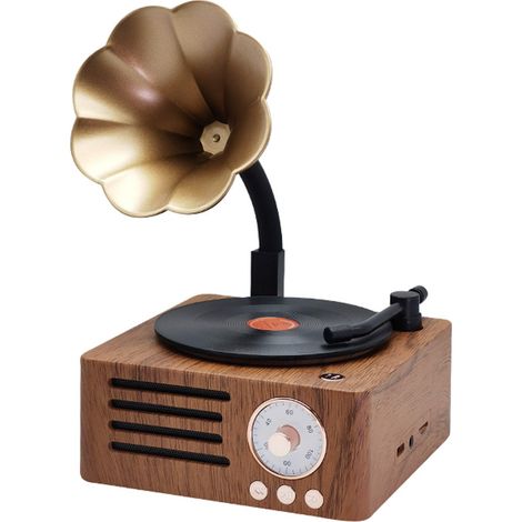 Retro Bluetooth Lautsprecher, 3 in 1 Aux und Radio, Vintage Grammophon, Plattenspieler, Plattenspieler mit Kupferhorn, Stereo Lautsprecher für Büro Schreibtisch Dekoration