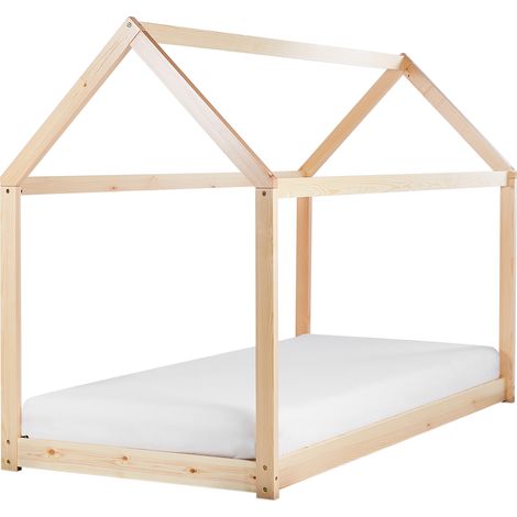Cama con somier de madera clara de pino 90 x 200 cm con dosel infantil en forma de casa Tosse