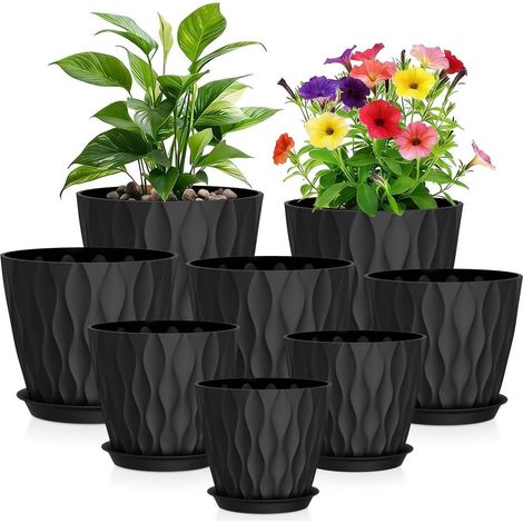 8er Set Blumentöpfe mit Untersetzern, Kunststoff, 3D-Wellenstruktur, Schwarz (1/5)