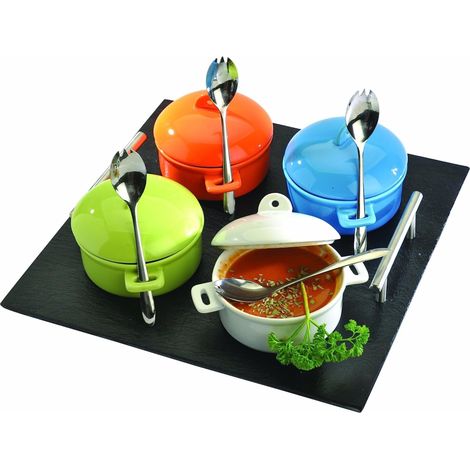Couverts – Service Mini Cocottes 9 Pièces – 4 Mini Cocottes – 4 Cuillères Mixtes – Plateau Ardoise + Poignées en Métal – Assiettes et Plats de Service – Idéal Pour les Apéritifs et Dégustations (1/4)