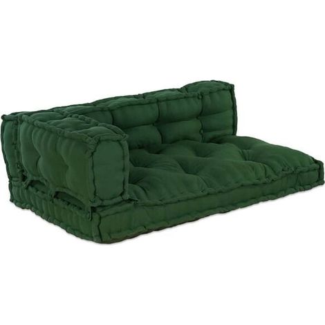 Trois coussins de canapé sur un plateau, vert, 120 x 80 x 38 cm, en tissu. (1/5)