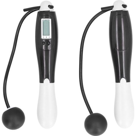 Corde à sauter sans fil pour fitness d'intérieur, avec compteur électronique numérique et balle noire et grise. (1/5)
