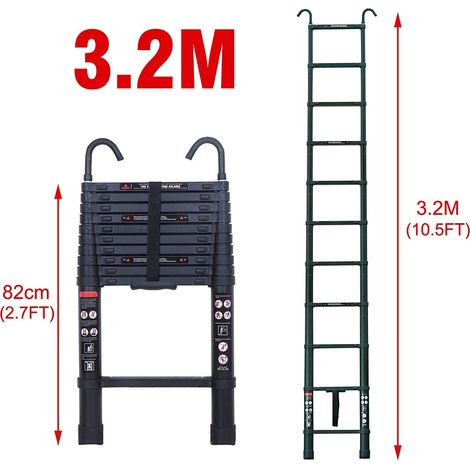 Teleskopleiter mit Haken 3,2 m Verlängerung Teleskopleitern hoch klappbare Aluminiumleiter 10,5 Fuß 330 Pfund/150 kg Tragfähigkeit EN131-zertifiziert (1/5)