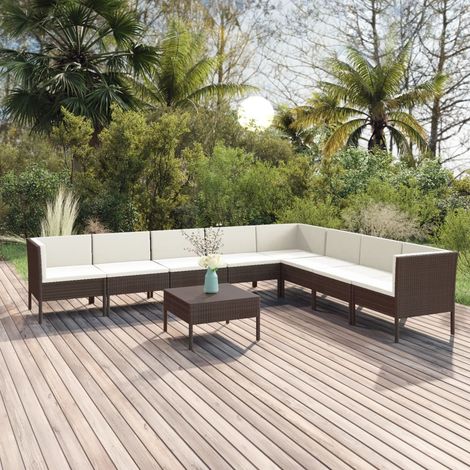 9-tlg. Garten-Lounge-Set mit Auflagen Poly Rattan Braun (1/5)
