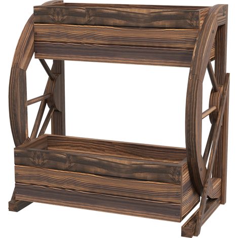 Jardinière bois extérieur 2 niveaux 3 pots roulettes style country 55x32x56cm