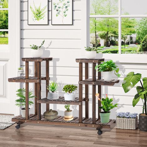 Regal aus Massivholz in Dunkelbraun mit 6 Ablagen und 4 Rollen, 123,5x33x80 cm (1/5)