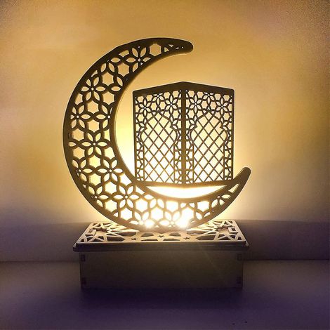 Veilleuse artisanale en bois, magnifique cadeau, décoration lumineuse LED 3D lune et étoile faite main, lampe Ramadan Moubarak, ornements pour la maison, la chambre et l'Aïd. (1/4)