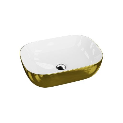 LAVITA Aufsatzwaschtisch Costa Brushed Gold Aufsatzwaschbecken Rechteckig Waschbecken ohne Überlauf und Hahnloch Aus hochwertigem Porzellan Waschtisch 46x32,5x13,5 cm Weiß/Gold (1/5)