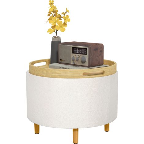 Tabouret rembourré en polaire douce, compartiment de rangement dissimulé, couvercle réversible, 56 cm x 56 cm x 42 cm, blanc (1/5)