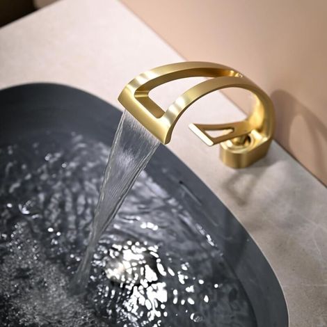 Robinet Cascade Salle De Bain or Brosse,Robinet Lavabo Cascade,Cascade Mitigeur Salle Bain Avec Valve En Céramique Monocommande Chaude Et Froide Réglable (1/5)