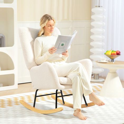 Mecedora,sillón mecedor con reposabrazos y soporte lumbar tapizado en terciopelo sintético con rieles deslizantes de madera blanca (1/5)