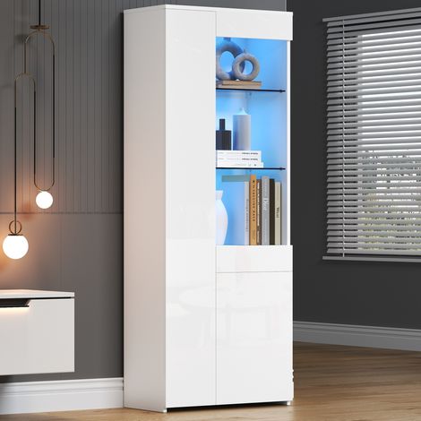 MEUBLIV Vitrina 70x35x180 cm blanca – LED, 1 cajón, 2 armarios y estantes de vidrio (1/5)