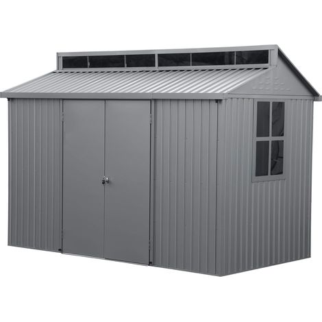 Abri de jardin en aluminium, Comprend avec lucarne, fondation en métal, fenêtre sur le côté et doubles portes verrouillables, Abri de stockage d'outils (1/5)