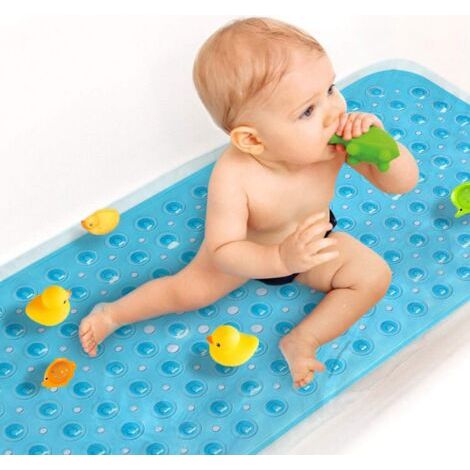 Tapis de bain antidérapant extra long pour bébé (100 x 40 cm) - Écologique avec 200 grandes ventouses, lavable en machine, bleu (1/5)
