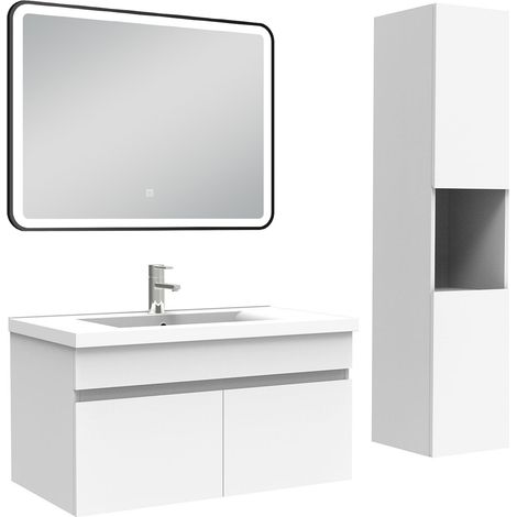 Ocean Meuble simple vasque 80cm avec colonne + miroir lumineux 3 couleurs blanc