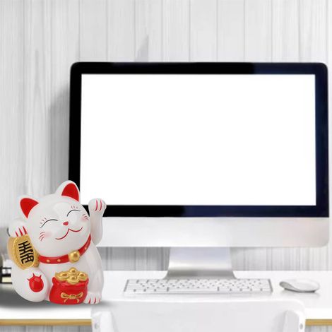 Chat électrique "Maneki Neko" à bras bougeant MLY11020-1 Blanc 5,5 pouces, décoration pour comptoir de bureau (1/5)