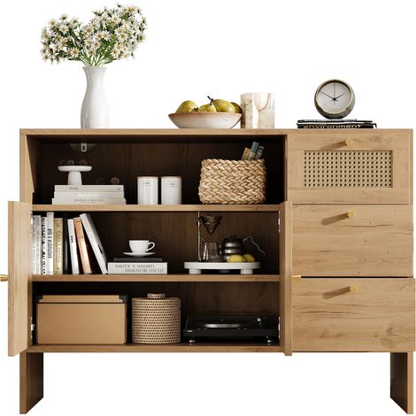 Sideboard, Küchenschrank, Wohnzimmer mit 2 Türen und 3 Schubladen, Schubladenschrank mit Rattan & Goldgriffen, Buffetschrank Kommode für Küche, Holzfarbe, 105 x 40 x 76 cm