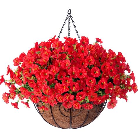 Cesta colgante de flores artificiales resistente a los rayos UV, 50 x 50 x 52 cm, roja, juego de 12 unidades. (1/5)