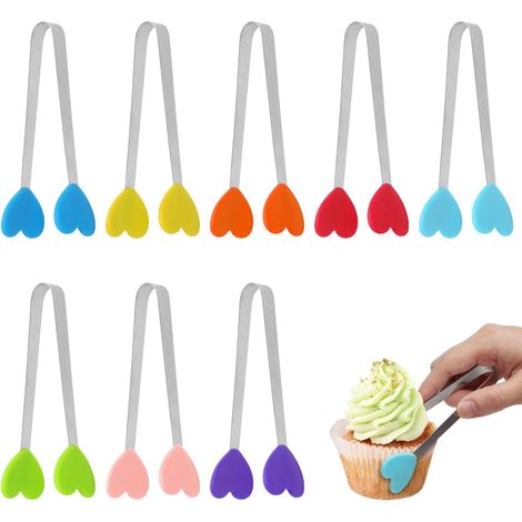 Set of 8 Mini Silicone Tongs, 13 cm Mini Heart Shape Food Tongs with Silicone Tips, Sugar Mini Tongs for Cooking, Grilling, Barbecue, Kitchen, Coral Pink (1/5)
