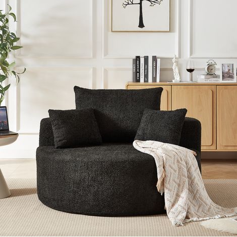Fauteuil 1 place sans montage, dossier avec coussin cylindrique, tissu chenille noir, pour salon chambre (1/5)