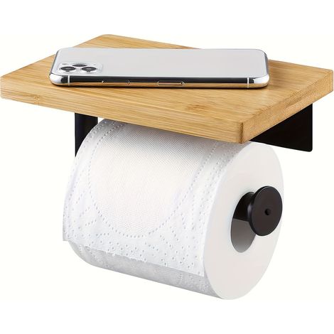 Toilettenpapierhalter mit Bambusablage, Badezimmer-Rollenhalter aus Edelstahl SUS304, Wandmontage in Mattschwarz