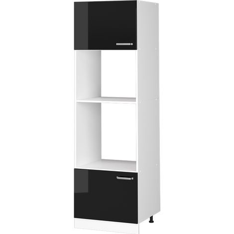 Hochschrank R-Line, Schwarz Hochglanz, 60 cm mit offenen Regalen, und Türen, Vicco