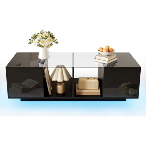 Table basse VIYET 120x50cm H38cm Noir Verre, MDF, Panneau de particules LED (1/5)