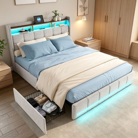 Lit double 180x200 cm, Lit Coffre 4 tiroirs de rangement, lit adulte avec LED et USB, cadre de lit avec sommier, Lin Beige (1/5)