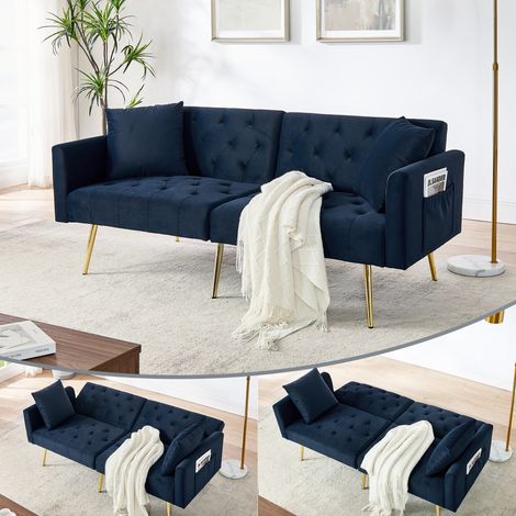 Canapé deux places en velours moderne, dossier inclinable en 3 positions, avec 2 coussins inclus, pieds en métal robustes, doux et confortable — idéal pour salon, appartement en location ou petit appa (1/5)
