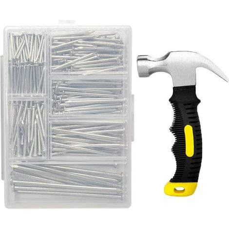 Lot de 350 clous à tête fraisée en acier - 5 tailles avec boîtier plastique + marteau - Pour photos & menuiserie-ARCAN (1/5)