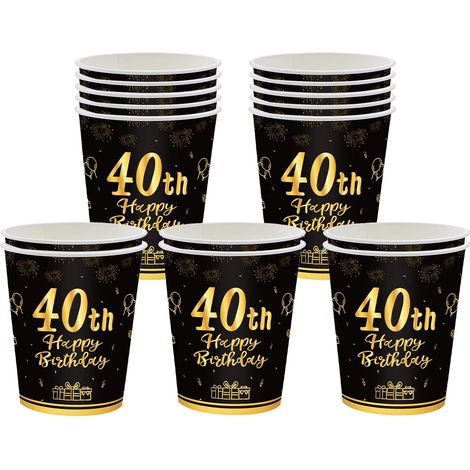 Lot de 16 gobelets jetables en carton pour 40e anniversaire - Noir et doré - 235 ml - Gobelets en carton pour fête d'anniversaire 40e anniversaire (1/5)