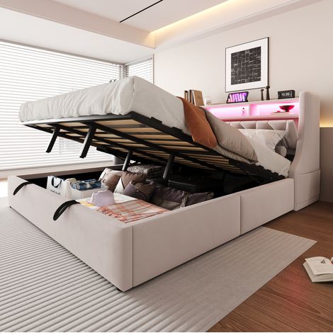 Lit coffre 180x200 cm avec rangement hydraulique, LED, USB et Type-C, tête de lit rabattable velours - beige (1/5)