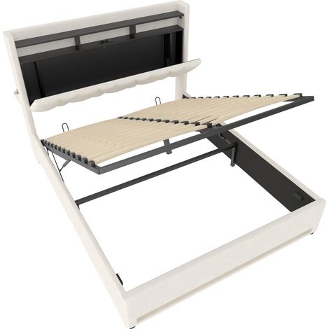 Letto imbottito 160 x 200 cm in velluto beige con LED, contenitore e porte USB Type-C (1/5)