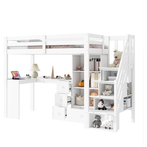 Lit mezzanine enfant 90x200 cm avec bureau, tiroirs, rangements ouverts et échelle intégrée, structure en pin et MDF blanche, sans matelas, EN747  CHICFURN