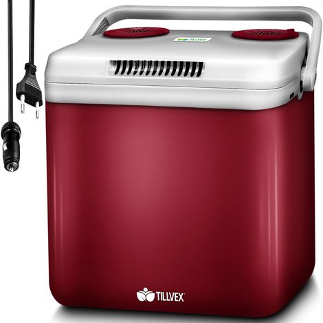 tillvex Nevera portátil eléctrica roja de 32 l Mininevera de 230 V y 12 V para camping en coche Enfría y calienta Modo ECO