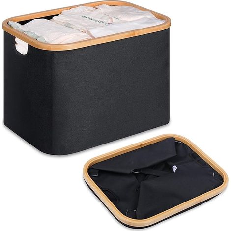Panier à Linge Pliable 50L Tissu Bambou Panier de Rangement Pliable Rangement Panier à Linge Laundry Baskets Chambre à Coucher Salle de Bain Noir (1/5)